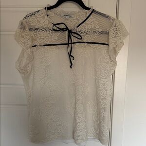 NWOT Ivory Lace Tie-Neck Blouse with Black Trim